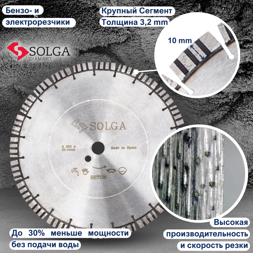 Диск алмазный СОЛГА ДИАМАНТ (Solga Diamant) ПРОФЕССИОНАЛ 10 (PROFESSIONAL 10) сегментный по железобетону 350х25,4 мм (23116350)